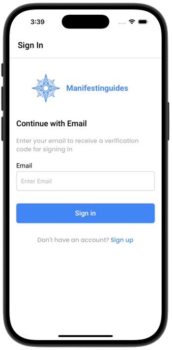 Manifestinguides app login screen with email verification